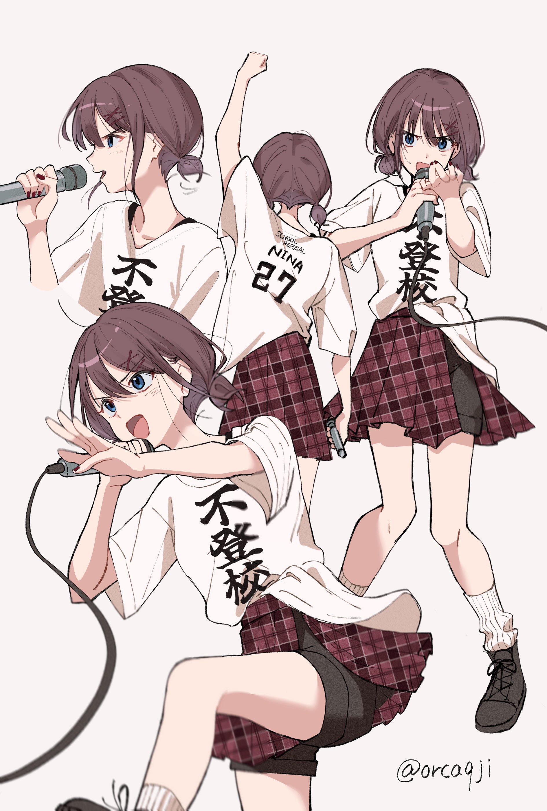 kuji (orca9ji), iseri nina, girls band cry, absurdres, highres, 1girl, black nails, black shorts, blue eyes, brown hair, hair ornament, low twintails, multiple views, open mouth, plaid clothes, plaid skirt, pleated skirt, red skirt, shikai no sumi kuchiru oto, shirt, short hair, short twintails, shorts, shorts under skirt, simple background, skirt, twintails, twitter username, unmoving pattern, white background, white shirt, x hair ornament