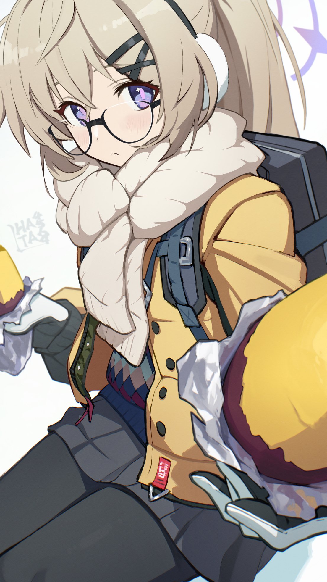 hata4564, kotama (blue archive), kotama (camp) (blue archive), blue archive, highres, 1girl, argyle clothes, argyle sweater, backpack, bag, baked potato, black pantyhose, blonde hair, brown scarf, earmuffs, food, glasses, gloves, grey skirt, hair ornament, hairclip, halo, holding, holding food, incoming food, jacket, long hair, looking at viewer, open clothes, open jacket, pantyhose, pleated skirt, ponytail, purple eyes, purple halo, scarf, semi-rimless eyewear, simple background, sitting, skirt, solo, sweater, under-rim eyewear, white background, yellow jacket