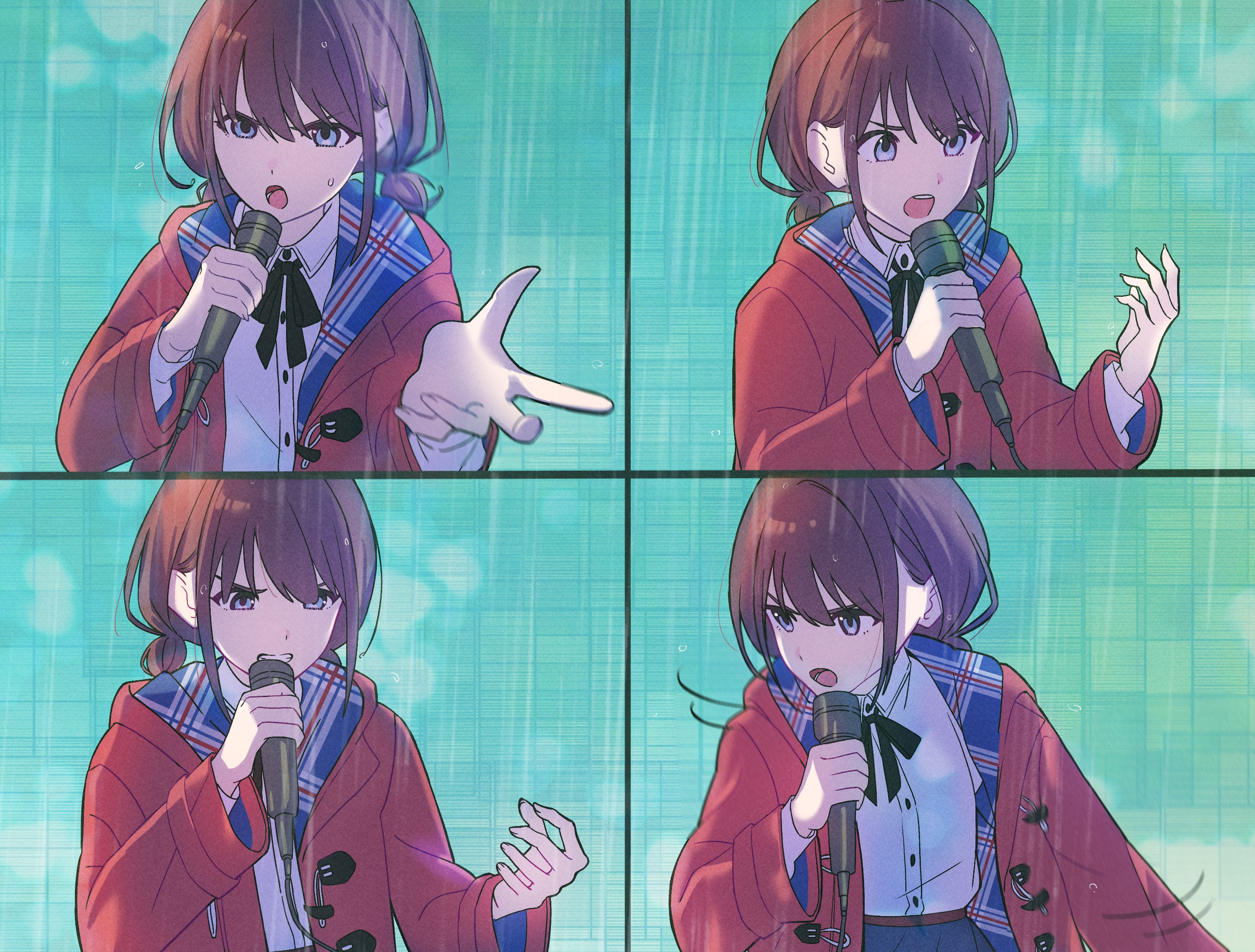 kuji (orca9ji), iseri nina, girls band cry, commentary request, highres, 1girl, black ribbon, brown hair, dress shirt, holding, holding microphone, hood, hood down, hooded jacket, jacket, low twintails, lower teeth only, microphone, multiple views, music, neck ribbon, open clothes, open jacket, open mouth, rain, red jacket, ribbon, shirt, short hair, short twintails, singing, teeth, twintails, upper teeth only, white shirt