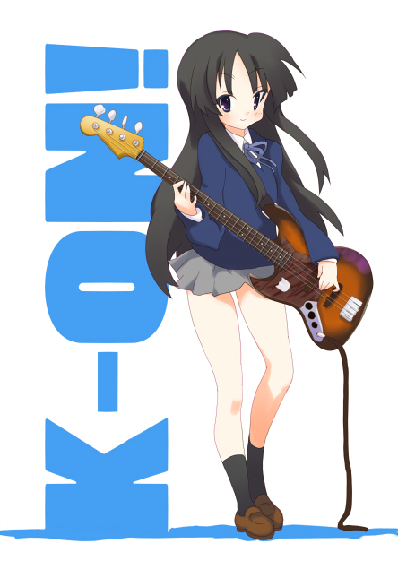 sora to umi, akiyama mio, k-on!, 00s, 1girl, bass guitar, female focus, instrument, school uniform, solo