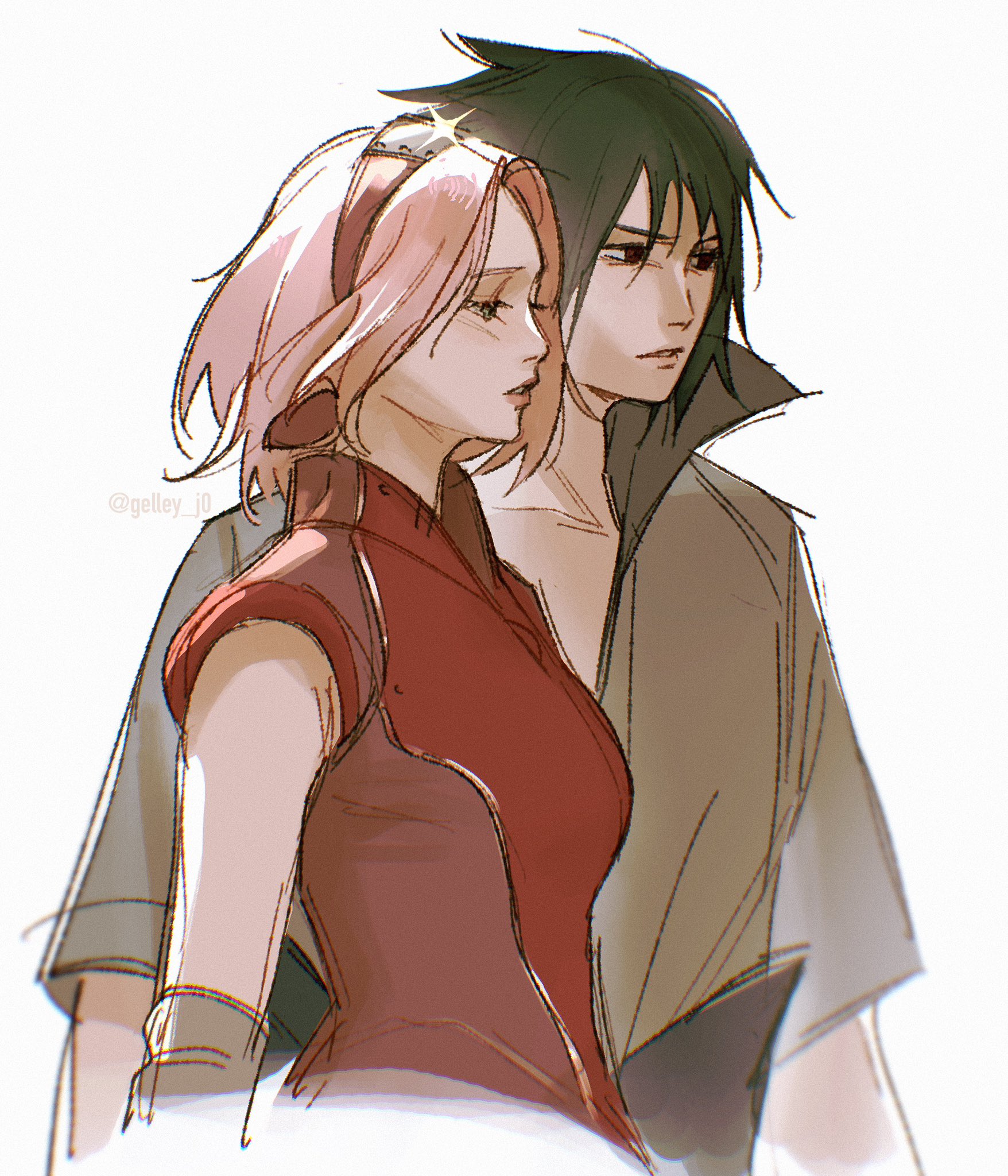 haruno sakura, uchiha sasuke, naruto (series), naruto shippuuden, highres, 1boy, 1girl, black hair, breasts, couple, gelley j0, hair between eyes, hairband, half-closed eyes, hetero, light blush, medium breasts, parted bangs, parted lips, pink hair, popped collar, red hairband, red shirt, shirt, short hair, upper body, white background, white shirt