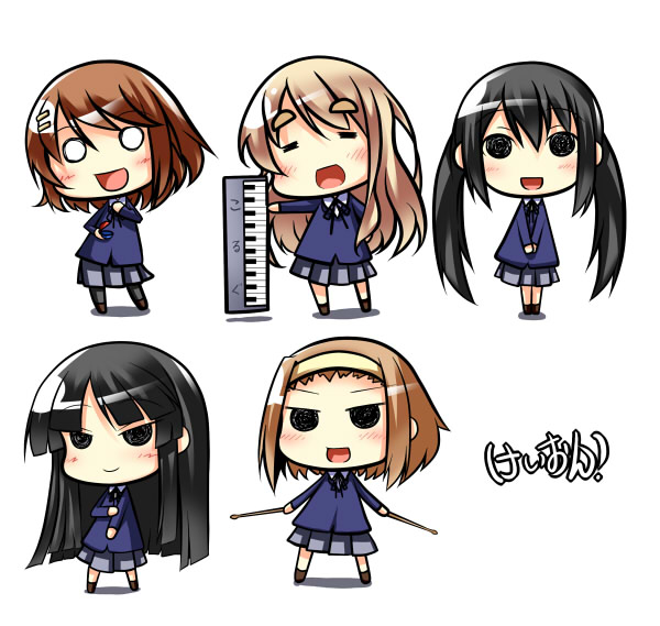 nana (732 kaiten), akiyama mio, hirasawa yui, kotobuki tsumugi, nakano azusa, tainaka ritsu, k-on!, black legwear, eyebrows, translation request, 00s, 5girls, black hair, blazer, blonde hair, blush, brown hair, chibi, closed eyes, grey skirt, hair between eyes, hair ornament, hairband, hairclip, ho-kago tea time, holding, jacket, japanese text, long hair, long sleeves, long twintails, looking at viewer, multiple girls, no pupils, open mouth, pantyhose, pleated skirt, school uniform, shadow, short hair, simple background, skirt, smile, text focus, twintails, v arms, white background