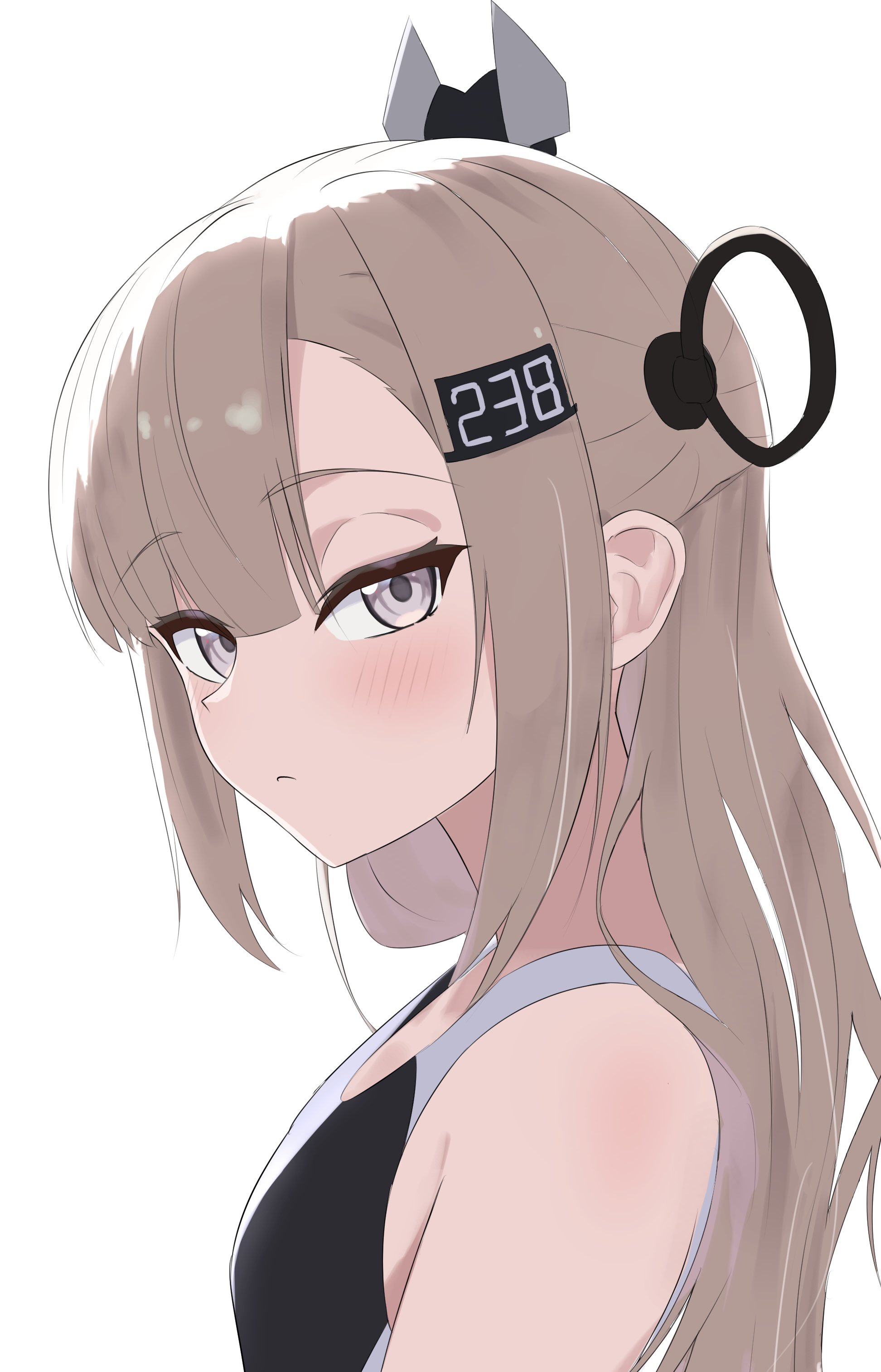 l meet, wahoo (kancolle), kantai collection, absurdres, commentary request, highres, 1girl, black one-piece swimsuit, blush, closed mouth, from side, grey eyes, grey hair, hair ornament, headgear, long hair, looking at viewer, one-piece swimsuit, simple background, solo, swimsuit, two-tone one-piece swimsuit, upper body, white background