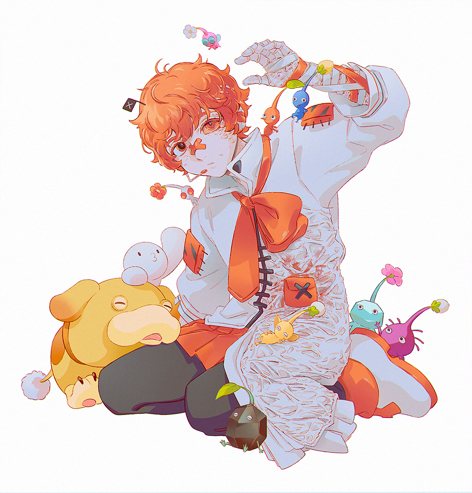 asertr, blue pikmin, fukase, ice pikmin, point (vocaloid), purple pikmin, rock pikmin, white pikmin, winged pikmin, yellow pikmin, nintendo, pikmin (series), vocaloid, commentary, 1boy, ankle boots, antenna hair, arm support, arm up, asymmetrical clothes, bandaged arm, bandages, bandaid, bandaid on face, bandaid on nose, black pantyhose, boots, bow, bowtie, chromatic aberration, coat, collared coat, colored sclera, colored shoe soles, crossed bandaids, crossover, double-parted bangs, full body, hair between eyes, head flag, headset, looking at viewer, male focus, miniskirt, mismatched sclera, no headwear, pale skin, pantyhose, parted lips, pikmin (creature), pleated skirt, puffy sleeves, red bow, red bowtie, red eyes, red hair, red sclera, red skirt, short hair, simple background, sitting, skirt, solo, three-quarter sleeves, wariza, white background, white boots, white coat