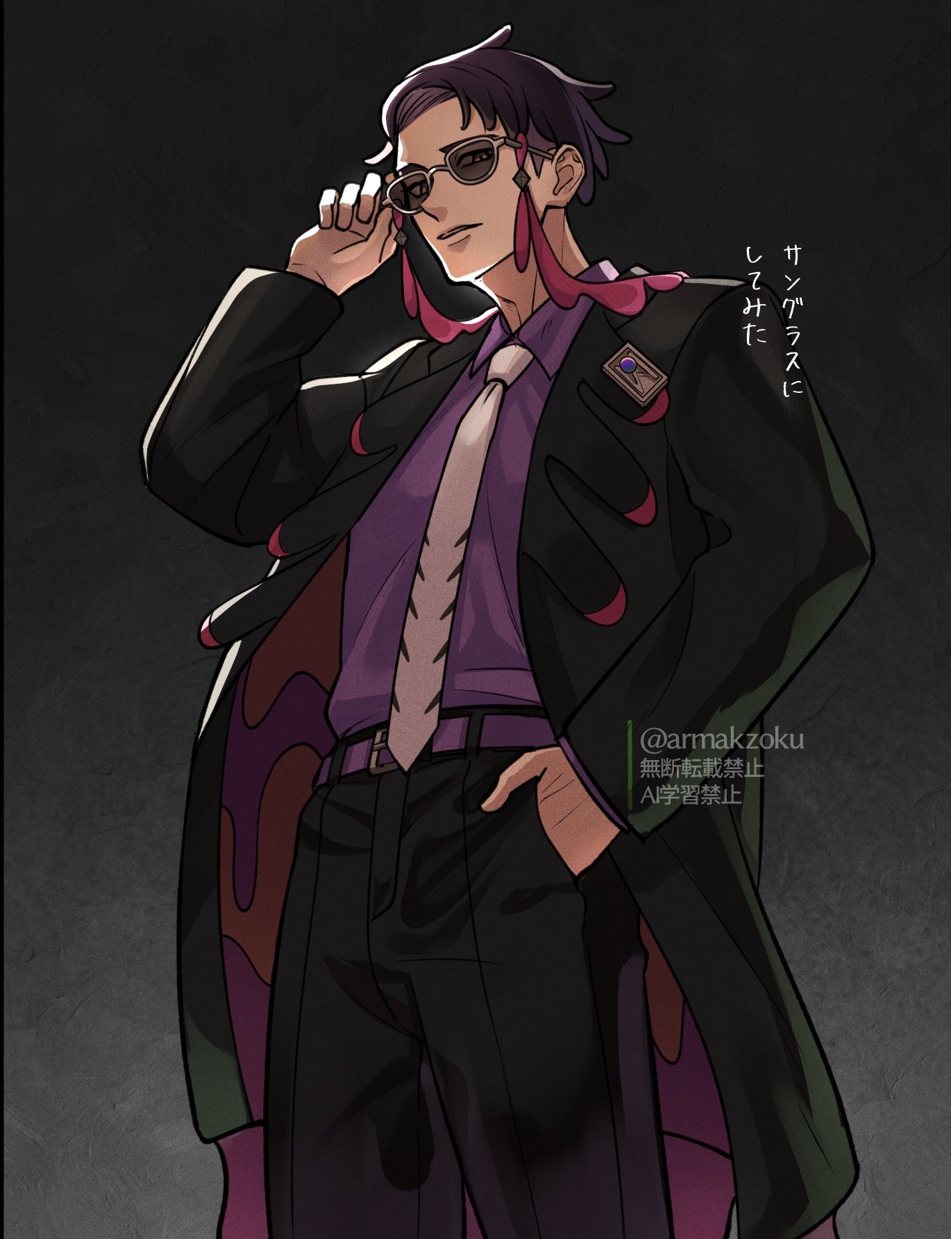 armakzoku, corbeau (pokemon), nintendo, pokemon, pokemon legends: z-a, highres, translation request, adjusting eyewear, belt, black background, black pants, black suit, collared shirt, eyewear strap, formal clothes, glasses, hand in pocket, hand on eyewear, looking down, mega stone, necktie, open mouth, pants, purple hair, purple shirt, shirt, short hair, suit, sunglasses, white necktie, yellow eyes
