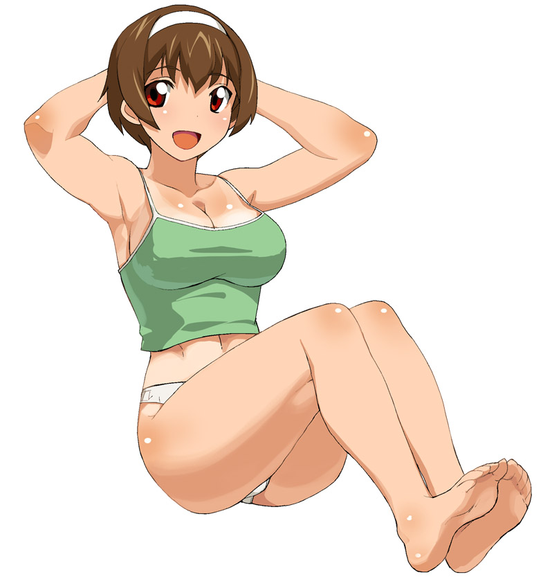a1 (initial-g), hinako (issho ni training), issho ni training, 00s, 10s, 1girl, armpits, arms behind head, barefoot, bottomless, breasts, brown hair, camisole, dorsiflexion, exercising, feet, female focus, full body, hairband, large breasts, muscular, no pants, one-piece tan, open mouth, panties, red eyes, short hair, simple background, sit-up, sitting, smile, solo, tan, tanline, underwear, white background, white panties