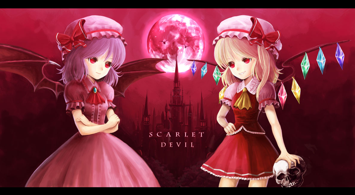 chai (drawingchisanne), flandre scarlet, remilia scarlet, touhou, bad id, bad pixiv id, 2girls, bat wings, blonde hair, blue hair, crossed arms, female focus, hand on own hip, hat, letterboxed, moon, multiple girls, red eyes, red moon, short hair, siblings, side ponytail, sisters, skull, wings