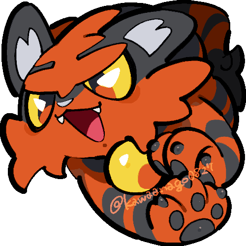 kawaanago, torracat, nintendo, pokemon, lowres, :3, animal focus, chibi, chibi only, colored sclera, fangs, full body, gen 7 pokemon, no humans, open mouth, pokemon (creature), pokemon focus, smile, solo, transparent background, twitter username, yellow sclera