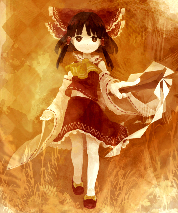 okari, hakurei reimu, touhou, bad id, bad pixiv id, 1girl, bow, brown eyes, brown hair, detached sleeves, female focus, full body, gohei, hair bow, japanese clothes, miko, nature, navel, oonusa, plant, skirt, solo