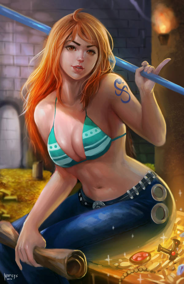 nopeys, nami (one piece), one piece, commentary, english commentary, 1girl, ahoge, bikini, breasts, brick wall, clima-tact, feet out of frame, holding, holding map, large breasts, map, navel, pillar, pinky out, red hair, shoulder tattoo, solo, swimsuit, tattoo, treasure