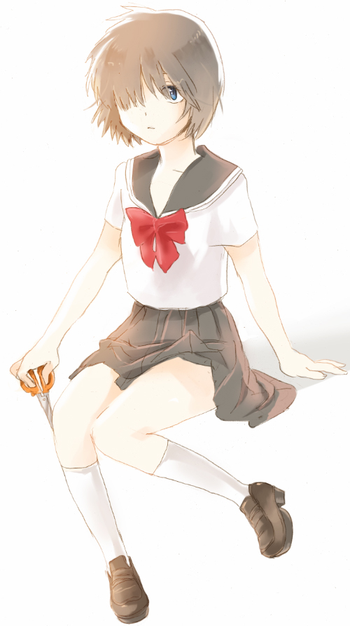 yoshioka mitsuko, urabe mikoto, nazo no kanojo x, hair over one eye, kneehighs, loafers, school uniform, scissors, shoes, socks, solo