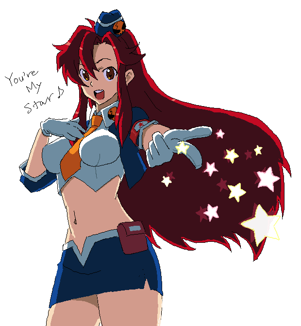 kazunari, yoko littner, pieces of sweet stars, tengen toppa gurren lagann, 00s, 1girl, female focus, garrison cap, gloves, hat, idol, long hair, midriff, miniskirt, navel, necktie, red hair, sidelocks, skirt, smile, solo, star (symbol)