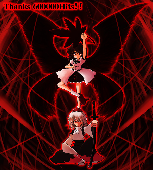 216, inubashiri momiji, shameimaru aya, touhou, 2girls, black hair, black skirt, black wings, female focus, geta, hand fan, hat, looking at viewer, multiple girls, red eyes, shirt, skirt, standing, standing on one leg, tengu-geta, tokin hat, white shirt, wings