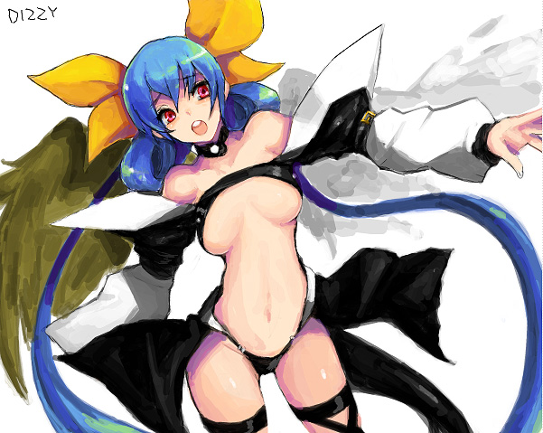 kara (color), dizzy (guilty gear), arc system works, guilty gear, 1girl, :o, asymmetrical wings, blue hair, bow, breasts, cleavage, female focus, hair bow, large breasts, long hair, midriff, red eyes, solo, tail, very long hair, wings
