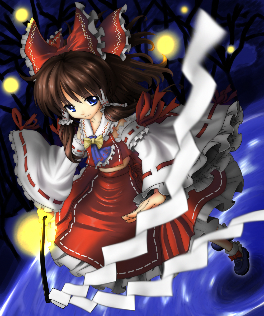 hukuro, katahira masashi, niwasaki (hukuro9011), hakurei reimu, subterranean animism, touhou, colorized, highres, 1girl, brown hair, detached sleeves, female focus, gohei, japanese clothes, long hair, miko, ribbon, sarashi, solo