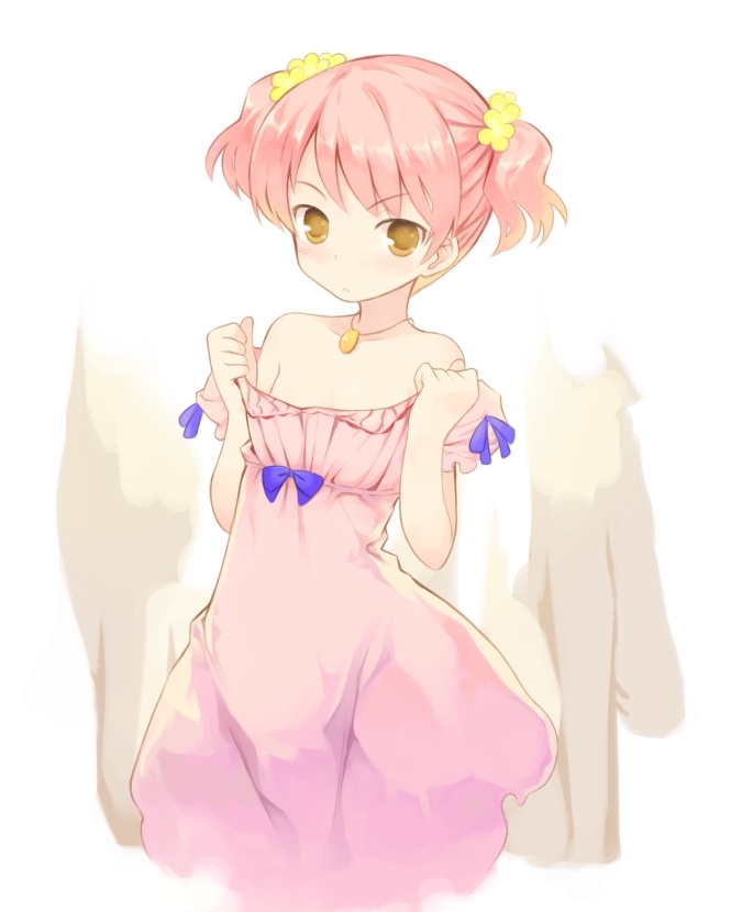 kurasuke, original, 1girl, :<, bare shoulders, blush, child, dress, female focus, flat chest, flower, frown, hair flower, hair ornament, jewelry, necklace, off shoulder, orange eyes, pink dress, pink hair, ribbon, serious, short hair, solo, twintails, undressing, yellow eyes