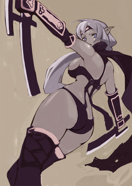 kawa akira, original, 1girl, ass, blue eyes, breasts, dagger, dark-skinned female, dark elf, dark skin, dual wielding, elbow gloves, elf, fantasy, female focus, gloves, grey hair, holding, knife, large breasts, long hair, looking back, pointy ears, solo, thighhighs, weapon