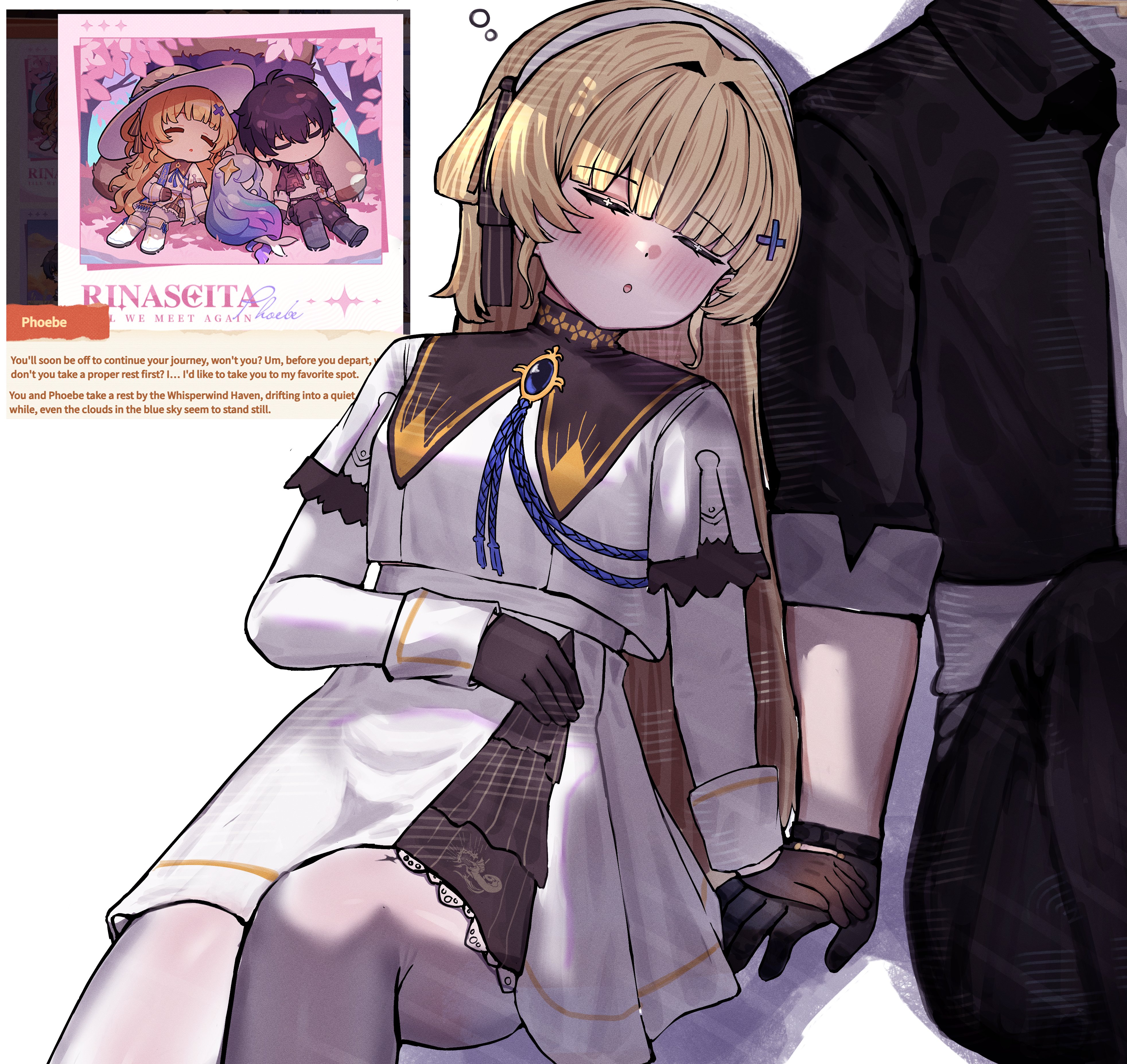 2na (blue2na), male rover (wuthering waves), phoebe (wuthering waves), rover (wuthering waves), wuthering waves, absurdres, commentary, english commentary, highres, 1boy, 1girl, black collar, black gloves, black jacket, blonde hair, blush, collar, english text, gloves, hair ornament, jacket, long hair, long sleeves, no headwear, official art inset, pantyhose, parted lips, shirt, simple background, skirt, sleeping, solo focus, white background, white pantyhose, white shirt, white skirt, x hair ornament