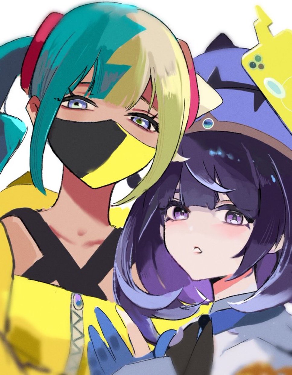 ringosan2329, canari (pokemon), gwynn (pokemon), rotom, rotom phone, nintendo, pokemon, pokemon legends: z-a, highres, 2girls, aqua hair, bandeau, black mask, blonde hair, blue eyes, blue gloves, blue hat, collarbone, dark-skinned female, dark skin, gen 4 pokemon, gloves, hat, looking at viewer, mask, mouth mask, multicolored hair, multiple girls, partially fingerless gloves, purple eyes, purple hair, short hair, two-tone hair, two-tone mask, upper body, yellow bandeau, yellow mask