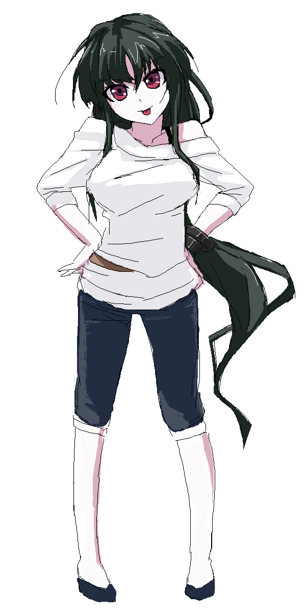 grune, original, highres, 1girl, :p, black hair, female focus, hands on own hips, head tilt, long hair, oekaki, off shoulder, red eyes, solo, tongue, tongue out