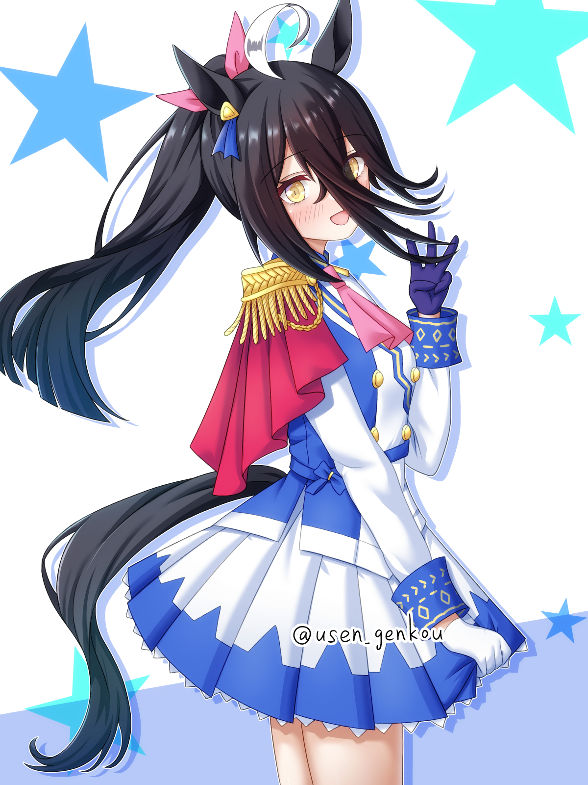 yuusen (aenka), manhattan cafe (umamusume), tokai teio (peak joy) (umamusume), tokai teio (umamusume), umamusume, highres, 1girl, ahoge, animal ears, asymmetrical gloves, black hair, blue gloves, blue jacket, blush, cosplay, epaulettes, gloves, hair between eyes, hair ribbon, horse ears, horse girl, horse tail, jacket, long hair, looking at viewer, mismatched gloves, open mouth, pink ribbon, pleated skirt, ponytail, ribbon, sidelocks, single epaulette, skirt, solo, tail, tokai teio (umamusume) (cosplay), w, white gloves, white skirt, white sleeves, yellow eyes
