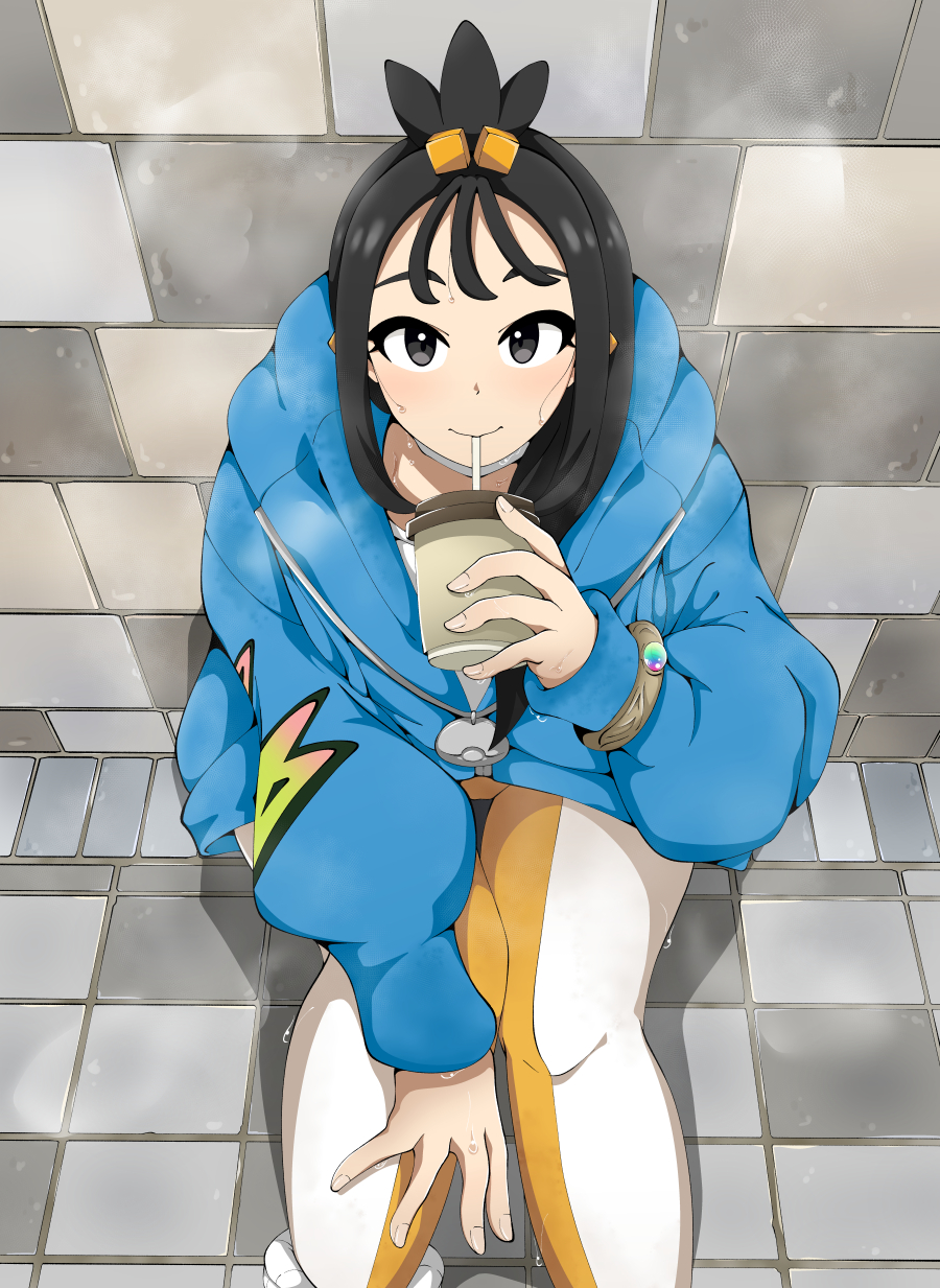 tonu (aobatonu), lida (pokemon), nintendo, pokemon, pokemon legends: z-a, commentary request, highres, 1girl, black hair, blue hoodie, bracelet, closed mouth, cube hair ornament, cup, drinking, drinking straw, hair ornament, hand up, holding, holding cup, hood, hood down, hoodie, jewelry, knees, leggings, long hair, long sleeves, looking at viewer, looking up, sitting, smile, solo, steaming body, sweat, tile floor, tiles, topknot, white leggings, zipper pull tab
