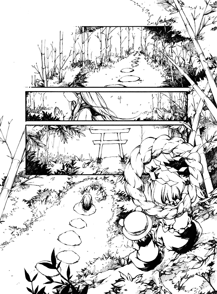 fujiyama, rin (artist), kochiya sanae, moriya suwako, yasaka kanako, touhou, 3girls, comic, female focus, greyscale, monochrome, multiple girls, silent comic, torii