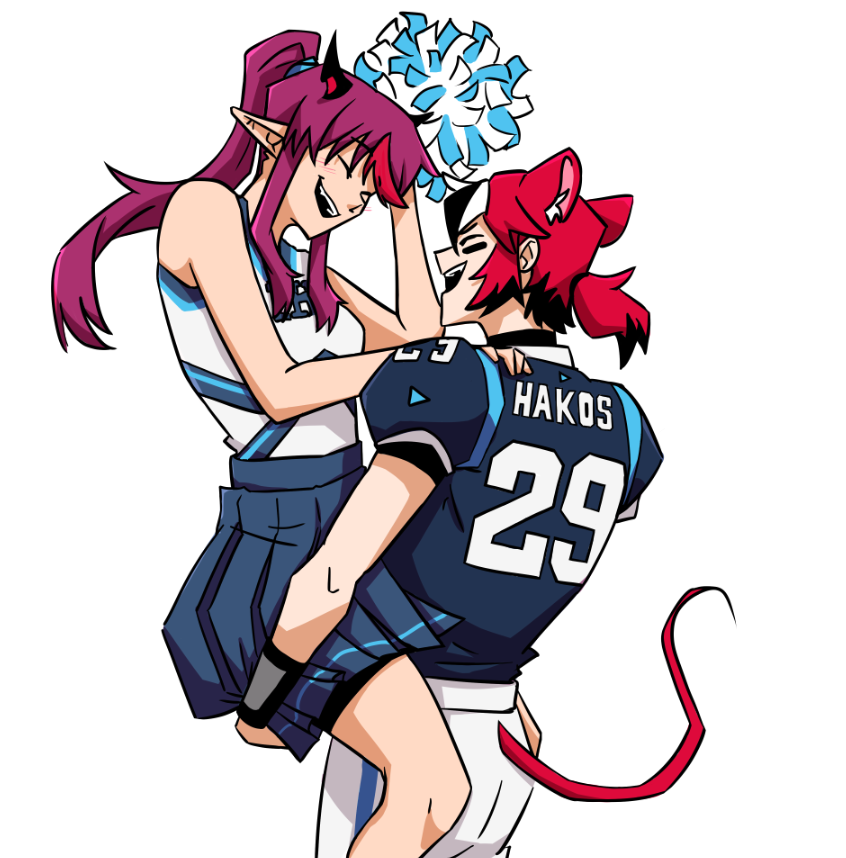hakos baelz, irys (hololive), hololive, hololive english, american football uniform, animal ears, black hair, blush, cheerleader, holding, holding pom poms, horns, lifting person, long hair, mouse ears, mouse girl, mouse tail, multicolored hair, multiple girls, nontann, pom pom (cheerleading), pom poms, red hair, short hair, skirt, smile, sportswear, streaked hair, tail, twintails, virtual youtuber, white background, white hair, yuri