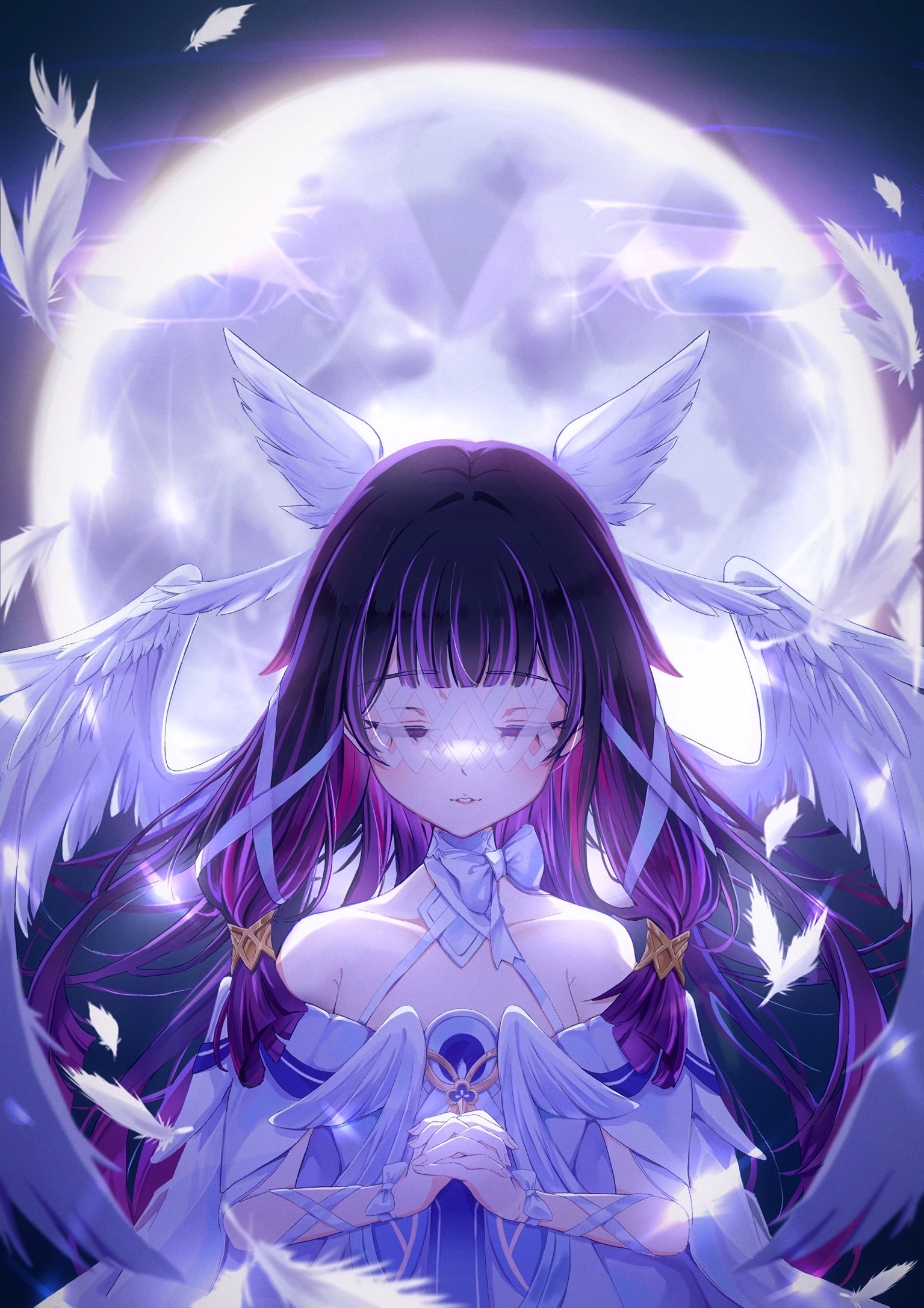 saeki pisuko, columbina (genshin impact), genshin impact, commentary request, highres, 1girl, bare shoulders, black hair, blush, choker, closed eyes, collarbone, dress, falling feathers, feathered wings, feathers, full moon, hair ribbon, head wings, long hair, moon, multicolored hair, multiple wings, own hands together, parted lips, pink hair, ribbon, sidelocks, smile, solo, very long hair, white choker, white dress, white feathers, white mask, white ribbon, white wings, wings, wrist ribbon
