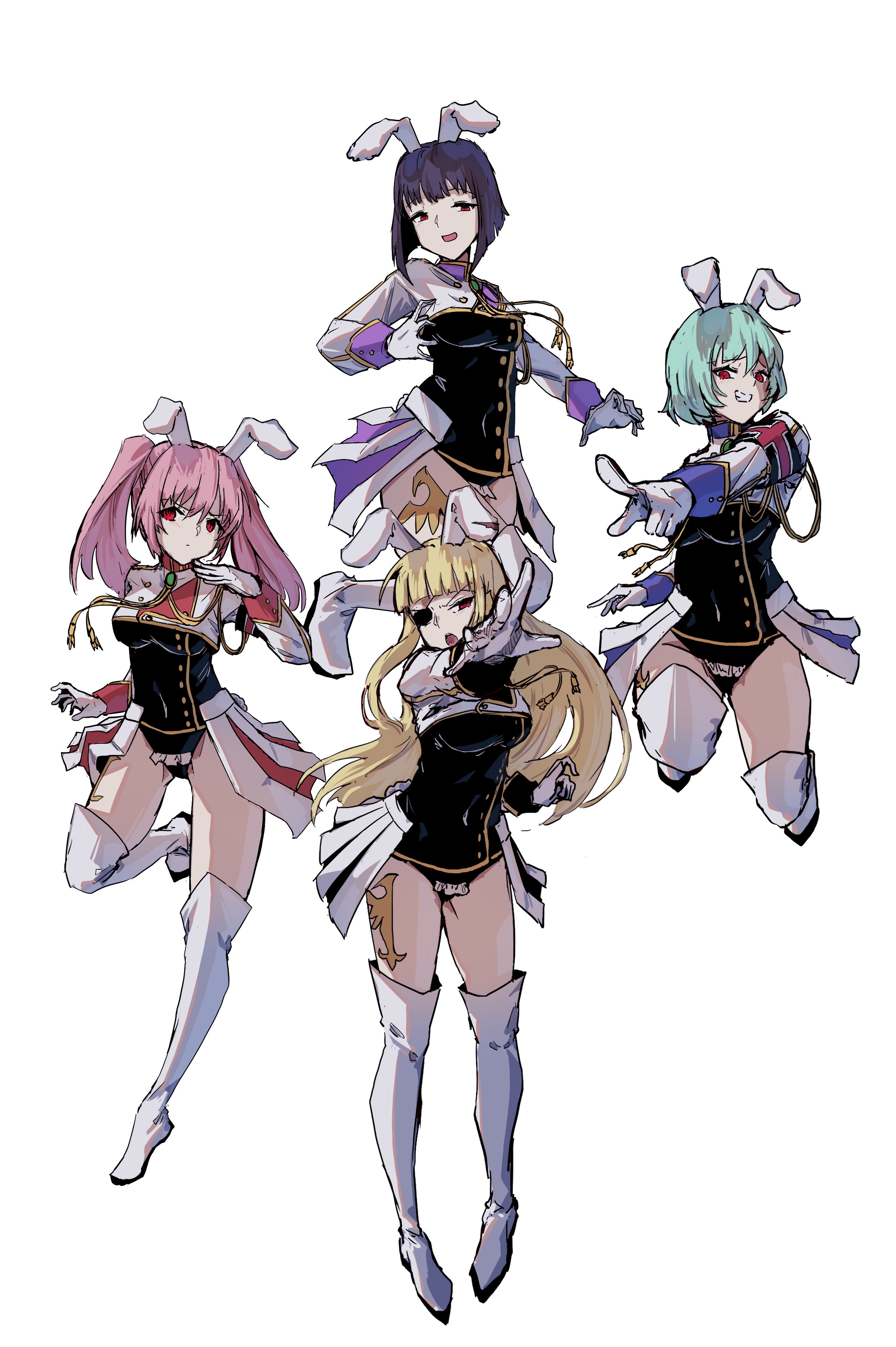 chiester00, chiester410, chiester45, chiester556, chiester sisters, umineko no naku koro ni, absurdres, highres, 4girls, animal ears, aqua hair, armband, black hair, black leotard, blonde hair, blunt bangs, boots, breasts, eyepatch, gloves, grin, leotard, level3, long hair, multiple girls, pink hair, pointing, rabbit ears, rabbit tail, short hair, showgirl skirt, simple background, smile, tail, tassel, tattoo, thighs, twintails, white boots, white gloves