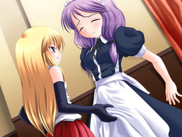 kakami mayura, sakisaka yurie, shoujo rensa, 1futa, 1girl, apron, blonde hair, bulge, closed eyes, collar, dress, elbow gloves, erection, erection under clothes, femdom, futa with female, futanari, gloves, handjob, handjob over clothes, hat, loli, long dress, long skirt, maid, maid apron, multiple girls, penis, purple hair, skirt, testicle grab