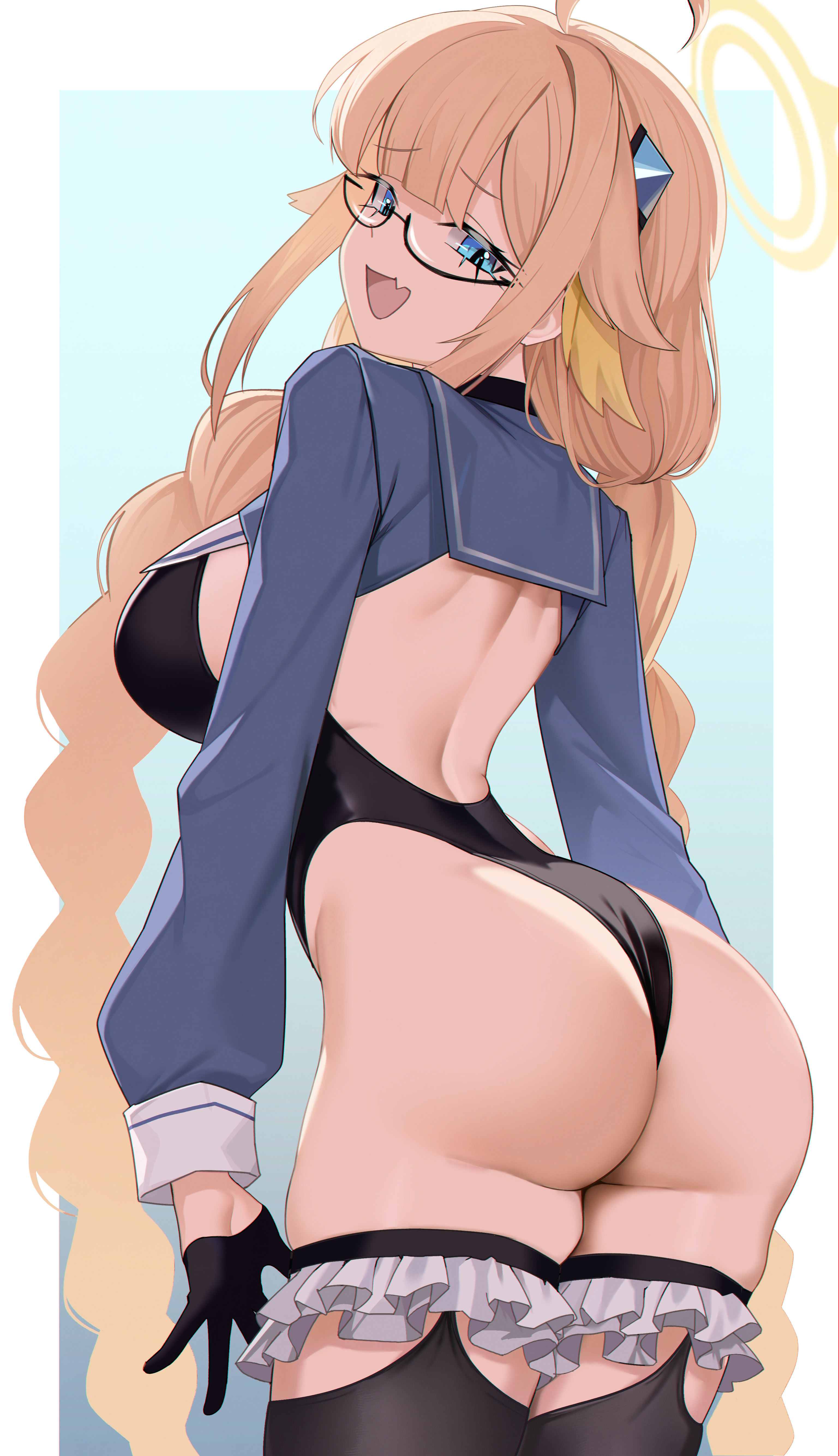 bine kun, shimiko (blue archive), shimiko (magical) (blue archive), blue archive, absurdres, commentary, highres, 1girl, ahoge, aqua eyes, arched back, ass, back, black-framed eyewear, black leotard, black thighhighs, blue shrug, blush, braid, breasts, fang, feather hair, feathers, from behind, glasses, gloves, hair ornament, half gloves, halo, huge ass, large breasts, leotard, long hair, long sleeves, looking at viewer, looking back, low twin braids, official alternate costume, official alternate hairstyle, open mouth, orange hair, semi-rimless eyewear, shrug (clothing), skin fang, smile, smug, solo, super highleg, thick thighs, thighhighs, thighs, twin braids, very long hair, yellow feathers, yellow halo