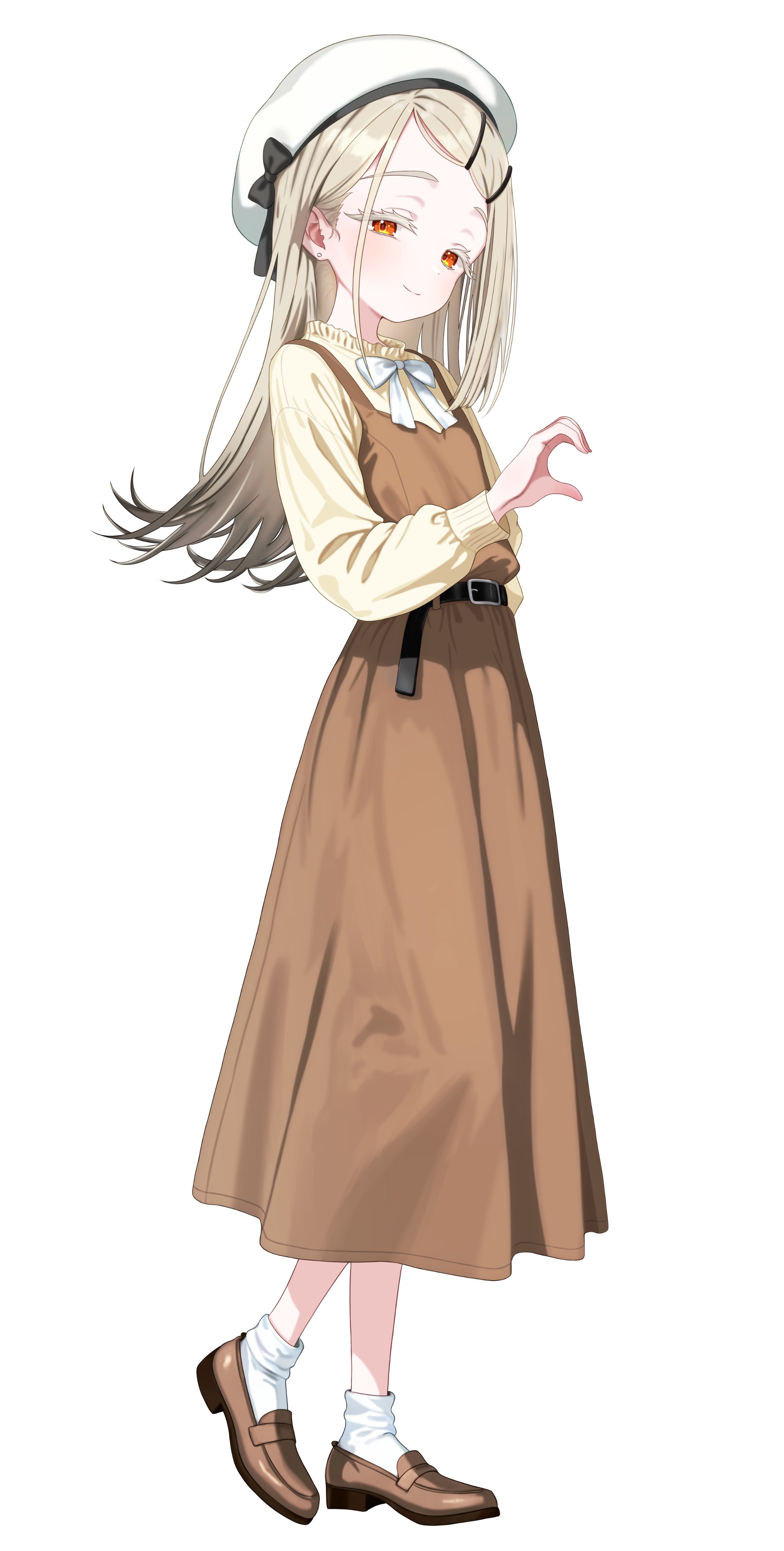 shubashuba, shinosawa hiro, gakuen idolmaster, idolmaster, absurdres, commentary request, highres, 1girl, belt, beret, blush, dress, flat chest, full body, grey hair, hat, loafers, long hair, looking at viewer, orange eyes, shoes, simple background, smile, solo, white background