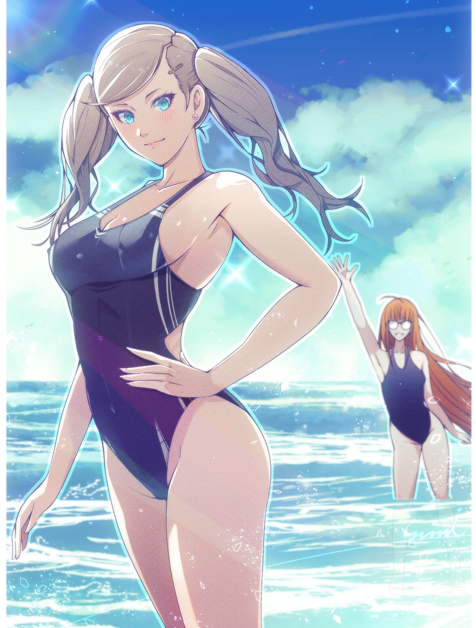 corner50777313, sakura futaba, takamaki anne, atlus, persona, persona 5, highres, beach, blonde hair, blue eyes, blue one-piece swimsuit, breasts, competition swimsuit, glasses, large breasts, long blonde hair, long hair, one-piece swimsuit, orange hair, smile, swimsuit, twintails, water, waving, wet, wet clothes, wet one-piece swimsuit, wet swimsuit