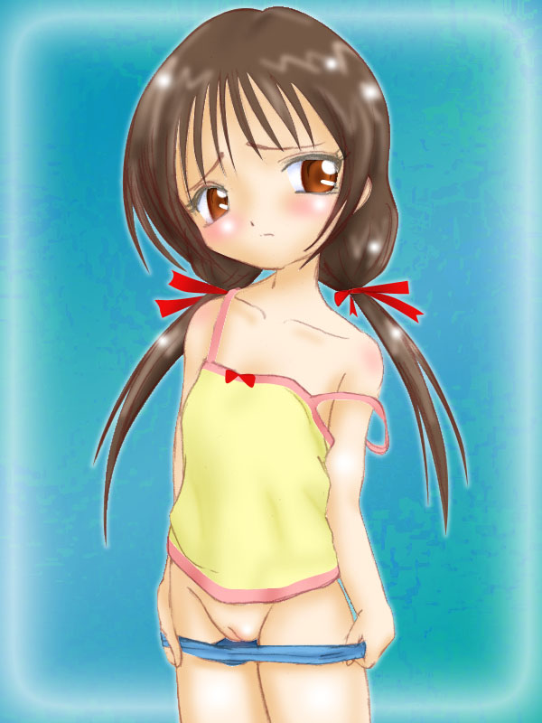 hayami ayumi, submarine 707r, 00s, 1girl, blush, female focus, loli, looking at viewer, pussy, short twintails, shy, solo, strap slip, twintails, upper body