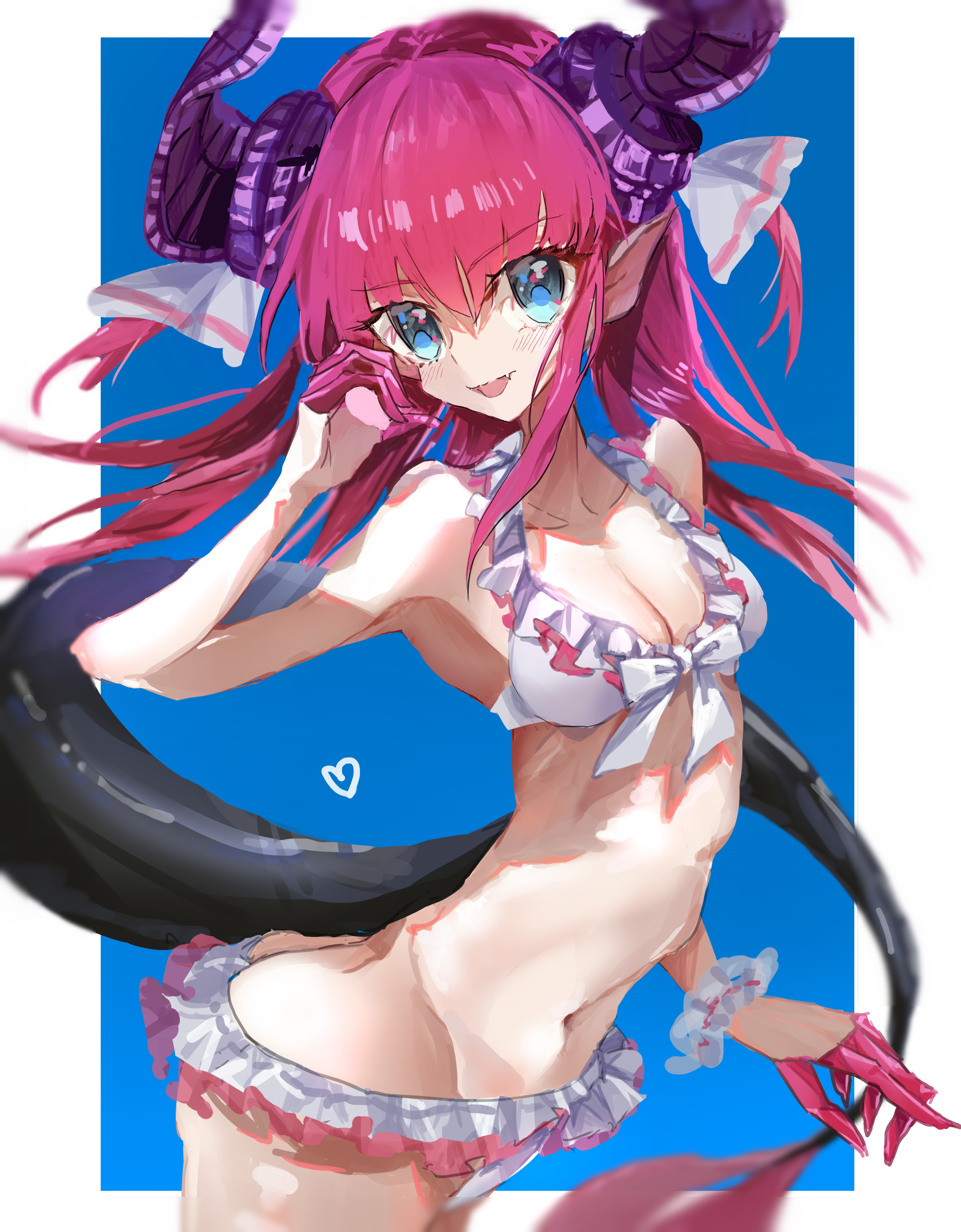elizabeth bathory (beach bloody demoness) (fate), elizabeth bathory (fate), fate/extella, fate/extella link, fate/extra, fate (series), absurdres, highres, 1girl, :d, arched back, armpits, bad anatomy, bad arm, bare arms, bikini, black tail, blue background, blue eyes, border, breasts, cleavage, cowboy shot, dragon girl, dragon horns, dragon tail, fang, finger cots, frilled bikini, frills, front-tie bikini top, front-tie top, groin, half-heart hands, heart, horns, kiri iii kiri, light blush, long hair, looking at viewer, narrow waist, navel, official style, open mouth, parody, pink hair, pointy ears, purple horns, ribbon, scrunchie, simple background, skin fang, skinny, small breasts, smile, solo, standing, stomach, style parody, swimsuit, tail, twisted torso, two side up, wada arco (style), white bikini, white border, white ribbon, white scrunchie, wrist scrunchie