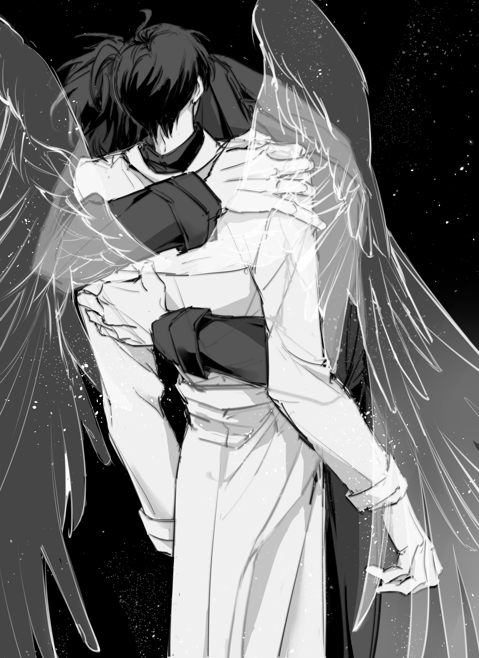 iliope l, kim dokja, yoo joonghyuk, omniscient reader's viewpoint, highres, 2boys, arm around back, black coat, black hair, black shirt, coat, cowboy shot, greyscale, hand on another's shoulder, head on another's shoulder, hug, large hands, leaning back, monochrome, multiple boys, rhyme1863, shirt, short hair, sky, star (sky), starry sky, transparent wings, white coat