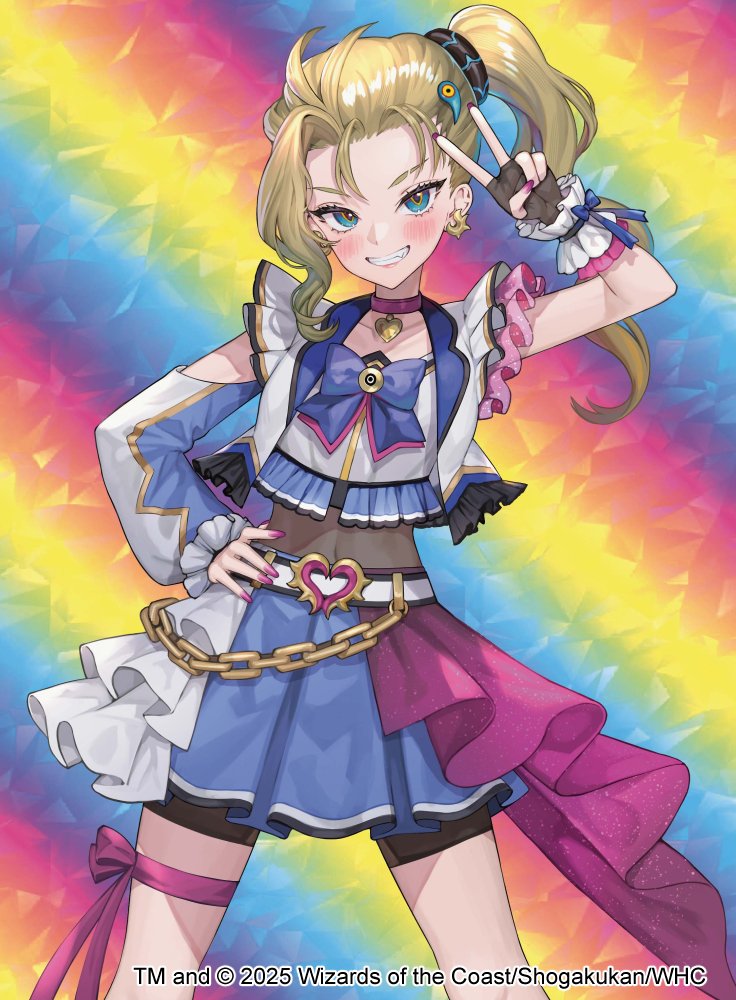 hitowa, duel masters, official art, 1girl, 2025, black gloves, black shorts, blonde hair, blue eyes, blue skirt, clenched teeth, copyright notice, covered navel, earrings, fingerless gloves, gloves, hair ornament, heart collar, high side ponytail, idol clothes, jacket, jewelry, leg ribbon, long hair, open clothes, open jacket, pink nails, pink ribbon, rainbow background, ribbon, shirt, shorts, shorts under skirt, skirt, smile, solo, teeth, thigh ribbon, v, v over eye, white jacket, white shirt, yomesawa akane