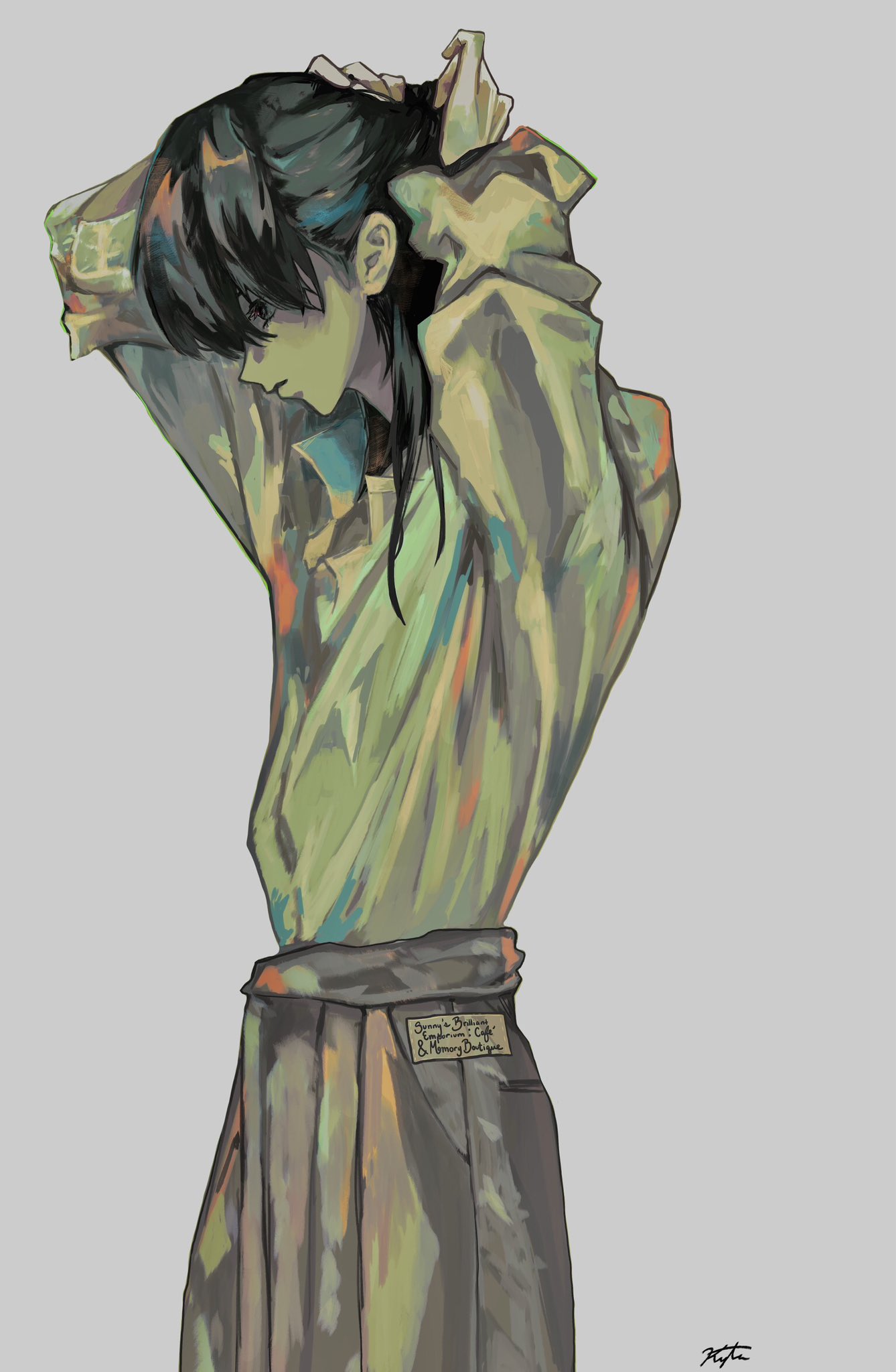 sunny (shadow slave), shadow slave, commentary, english commentary, highres, 1boy, arms up, black eyes, black hair, cowboy shot, kyta 5, male focus, ponytail, shirt, shirt tucked in, short hair, solo, tying hair, white shirt