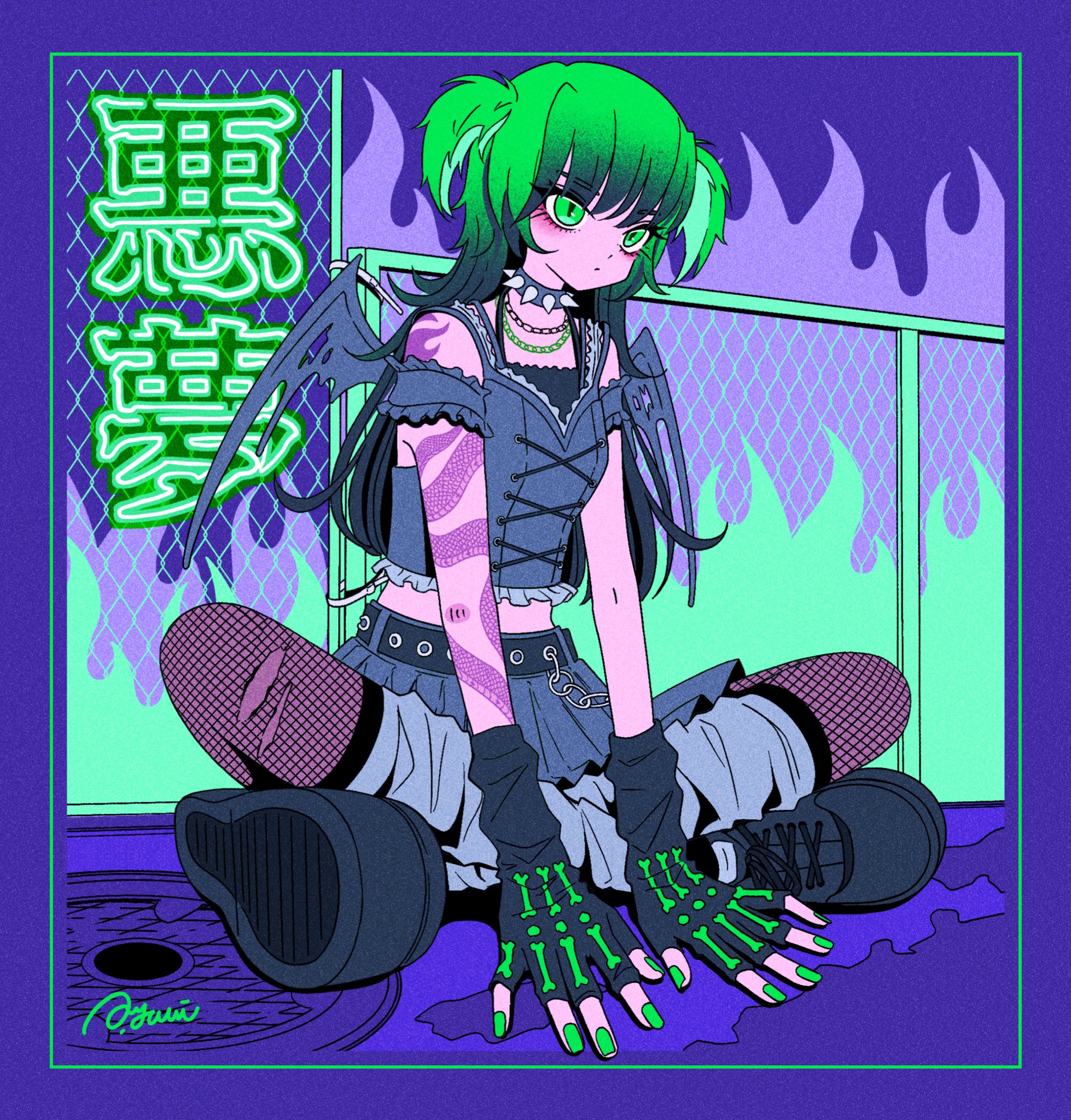 nakazawa ayami, original, commentary, highres, symbol-only commentary, 1girl, arm tattoo, bat wings, belt, black belt, black boots, black gloves, boots, border, chain, chain-link fence, chain necklace, closed mouth, collar, fence, fingerless gloves, fishnet pantyhose, fishnets, frilled sleeves, frills, full body, gloves, gradient hair, green eyes, green hair, green nails, grey leg warmers, grey shirt, grey skirt, grey wings, indian style, jewelry, leg warmers, looking ahead, multicolored hair, necklace, on ground, pantyhose, purple border, shirt, sitting, skirt, solo, spiked collar, spikes, tattoo, wings