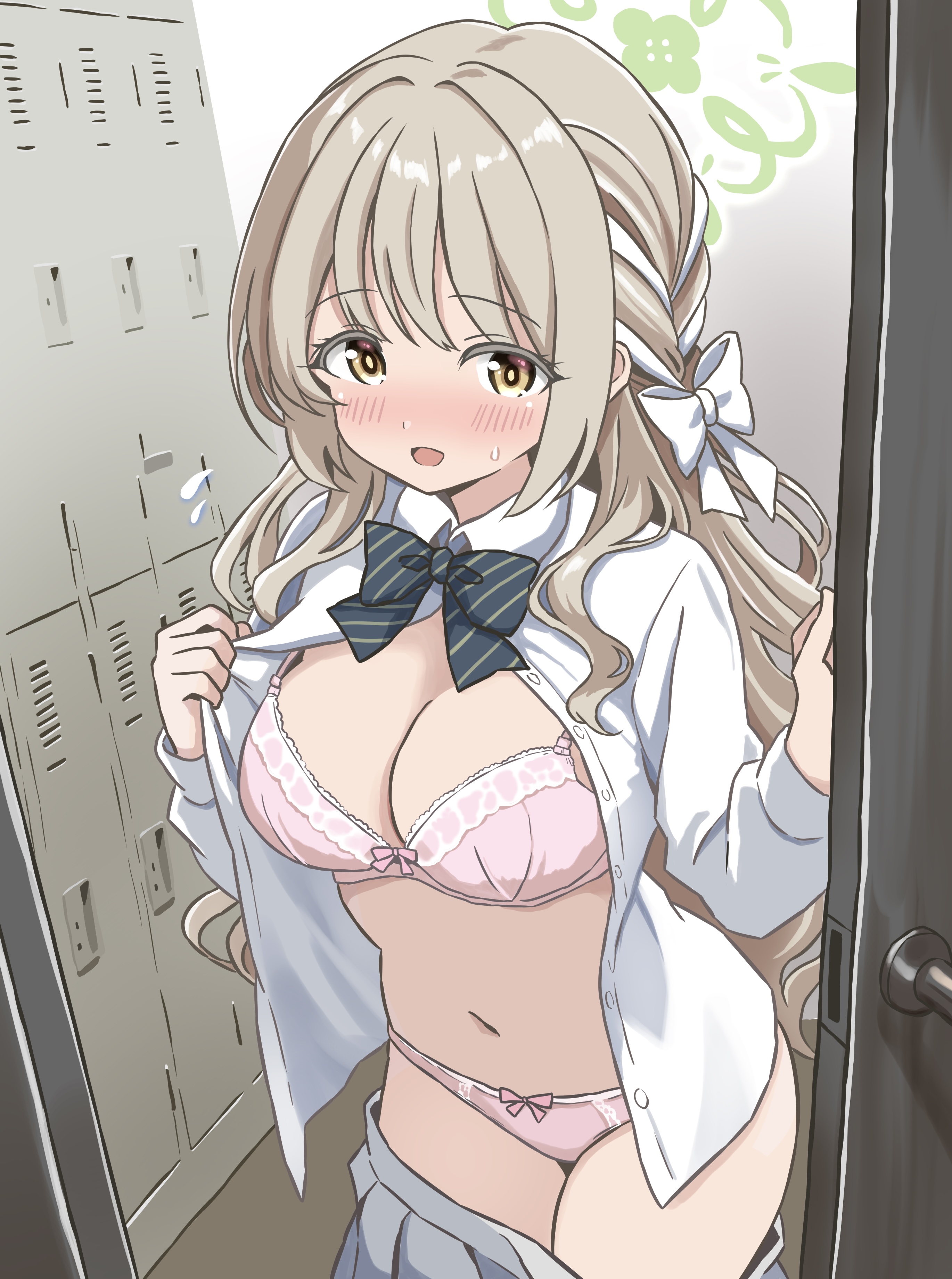 ohana. (user jhpk8322), miyo (blue archive), blue archive, absurdres, highres, 1girl, accidental pervert, blush, bow, bow bra, bow panties, bowtie, bra, breasts, cleavage, collared shirt, door, dress shirt, hair bow, halo, indoors, large breasts, locker, locker room, long hair, long sleeves, looking at viewer, navel, nose blush, open clothes, open mouth, open shirt, panties, pink bra, pink panties, pleated skirt, school uniform, shirt, skirt, solo, standing, striped bow, sweat, underwear, unlikely accident, wardrobe malfunction, white shirt