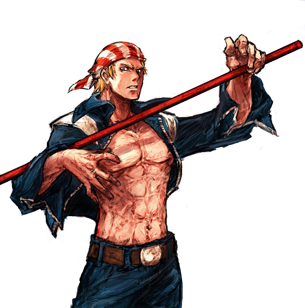 billy kane, fatal fury, snk, the king of fighters, 1boy, bandana, belt, blonde hair, blue eyes, jacket, male focus, muscular, open clothes, open jacket, solo, staff, weapon