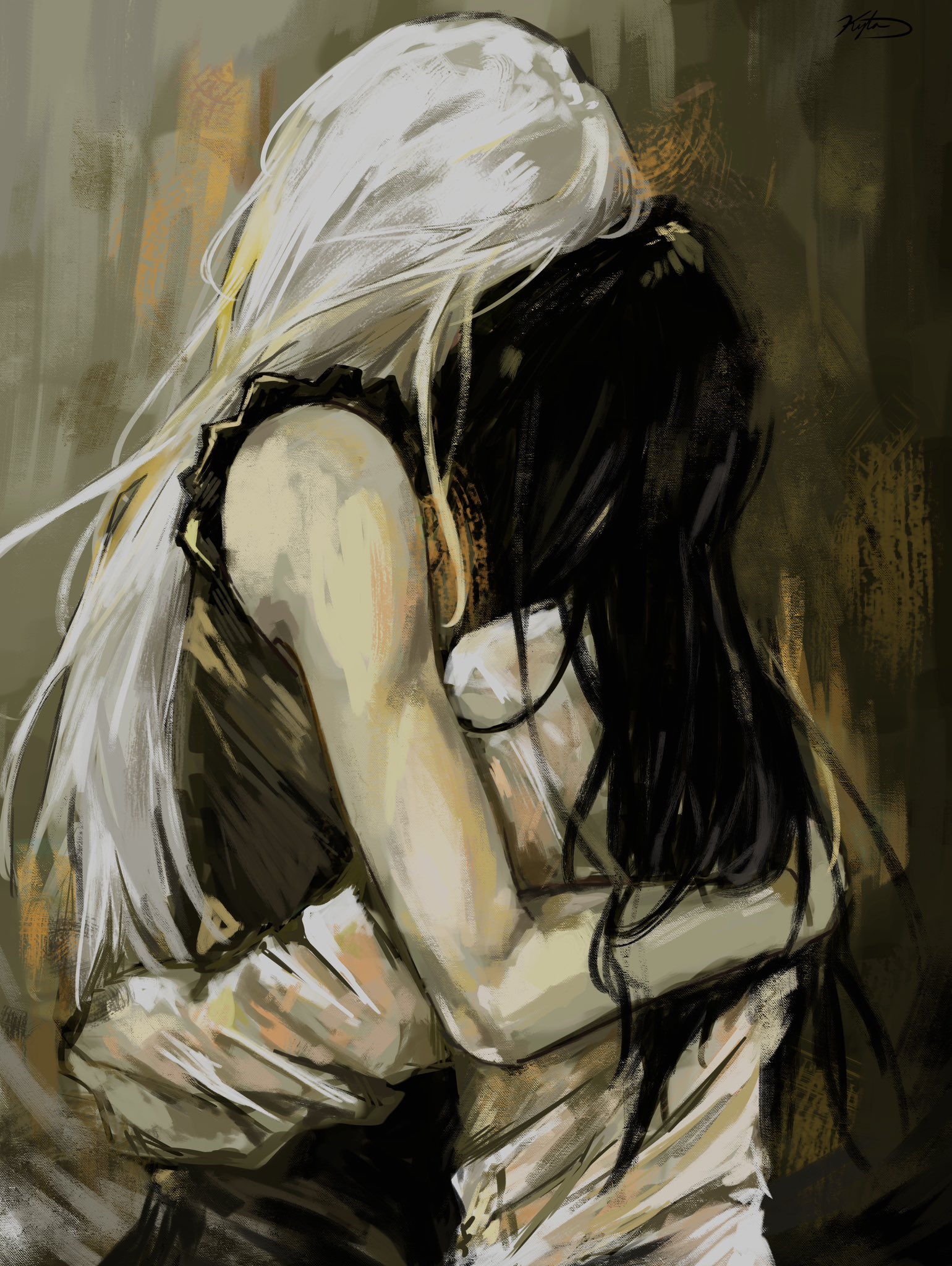 nephis (shadow slave), sunny (shadow slave), shadow slave, commentary, english commentary, highres, 1boy, 1girl, arm around back, black tank top, from behind, height difference, hetero, hug, kyta 5, long hair, muscular, muscular female, shirt, tank top, upper body, white hair, white shirt