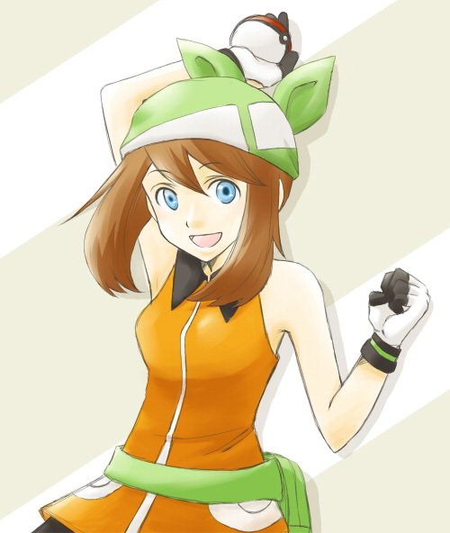 may (pokemon), may (pokemon emerald), nintendo, pokemon, pokemon rse, bad id, bad pixiv id, 00s, 1girl, alternate costume, bandana, bare shoulders, blue eyes, brown hair, female focus, gloves, hat, holding, holding poke ball, poke ball, shirt, short hair, sleeveless, sleeveless shirt, solo