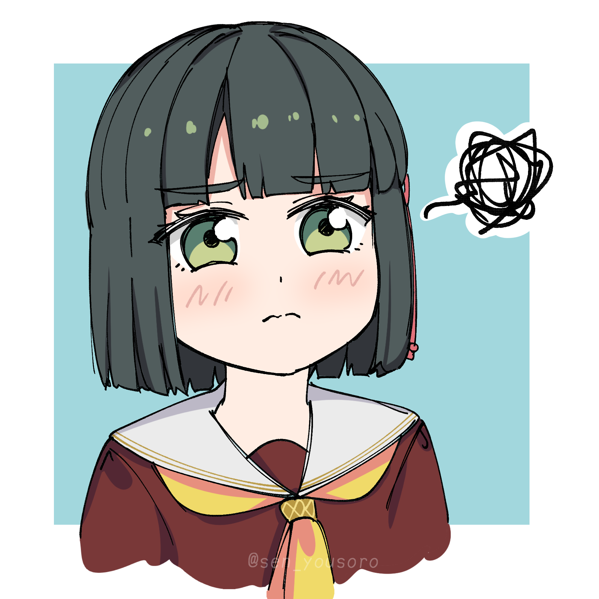 sen yousoro, momose ginko, link! like! love live!, love live!, commentary, highres, 1girl, 3:, blue background, blunt bangs, blunt ends, bob cut, border, brown dress, closed mouth, dress, flower knot, frown, green eyes, green hair, hasu no sora school uniform, neckerchief, outside border, sailor collar, sailor dress, school uniform, short hair, solo, split mouth, squiggle, twitter username, virtual youtuber, white border, white sailor collar, winter uniform, yellow neckerchief