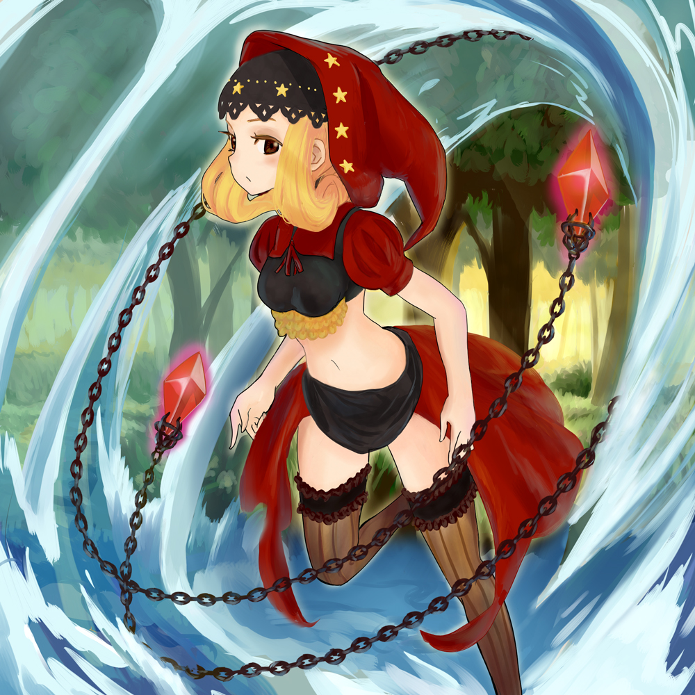 velvet (odin sphere), odin sphere, blonde hair, brown eyes, chain, crystal, hat, hood, midriff, solo, thighhighs, tree