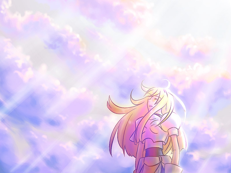 serena corsair, guardian heroes, armor, blonde hair, closed eyes, cloud, knight, long hair, solo, sun, wind