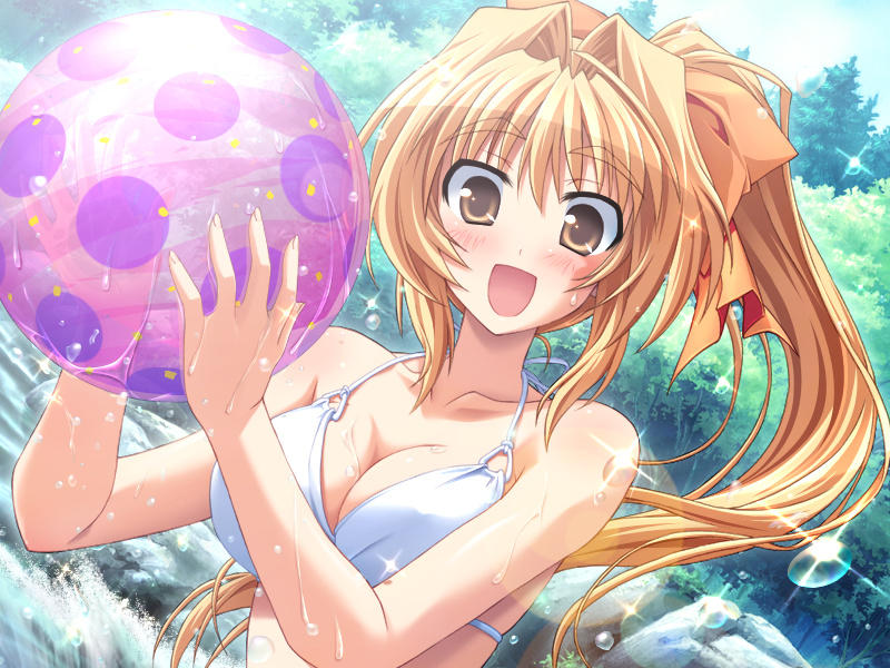 hinata mutsuki, kinoshita rumi, pia carrot (series), pia carrot e youkoso!!, non-web source, 1990s (style), 1girl, ball, beachball, bikini, blonde hair, blush, breasts, brown eyes, cleavage, day, dutch angle, female focus, large breasts, long hair, open mouth, ponytail, retro artstyle, river, solo, swimsuit, wet