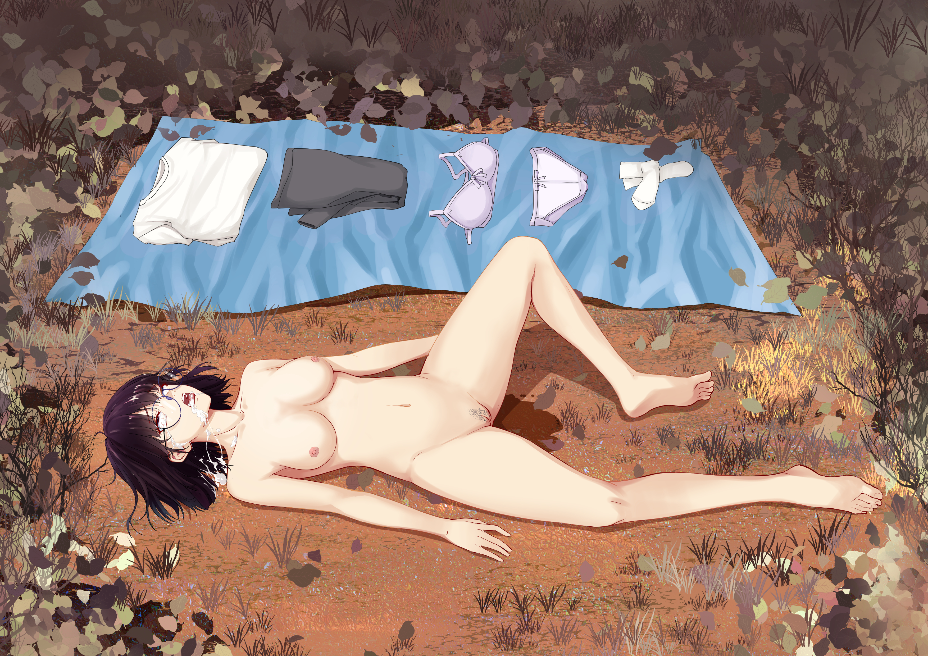 dpanda, 1girl, black eyes, black hair, bra, breasts, death, empty eyes, lying, medium breasts, nude, outdoors, panties, peeing, short hair, underwear