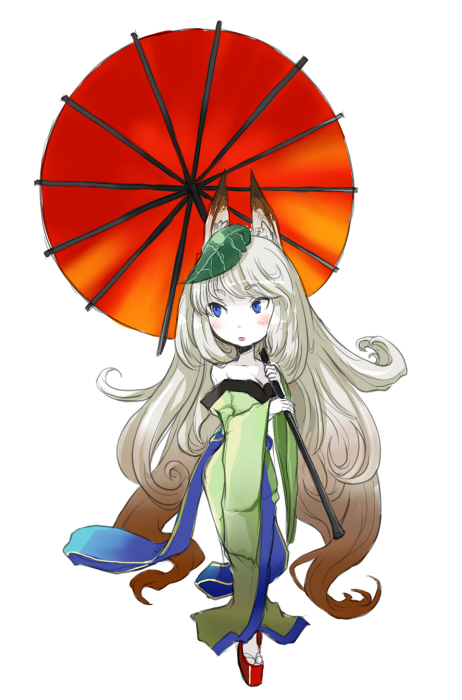 kanamari yukikuni, naginet, inari, yuzuruha, oboro muramasa, bad id, bad pixiv id, 1girl, animal ears, bare shoulders, blue eyes, blush, breasts, chibi, cleavage, collarbone, colored skin, curly hair, female focus, fox ears, hair ornament, japanese clothes, kimono, kitsune, leaf, leaf on head, long hair, object on head, off shoulder, oil-paper umbrella, parasol, sandals, simple background, solo, umbrella, very long hair, white hair, white skin, wide hips
